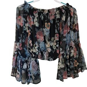 Olivaceous Size S Chiffon Fairy Top Black Floral Crop Ruffle Sheer Flare Sleeve
